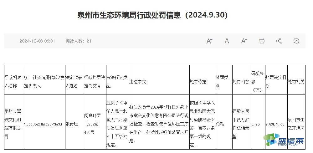 又一家企業(yè)因生產時活性炭吸附裝置未開啟，被罰2.45萬